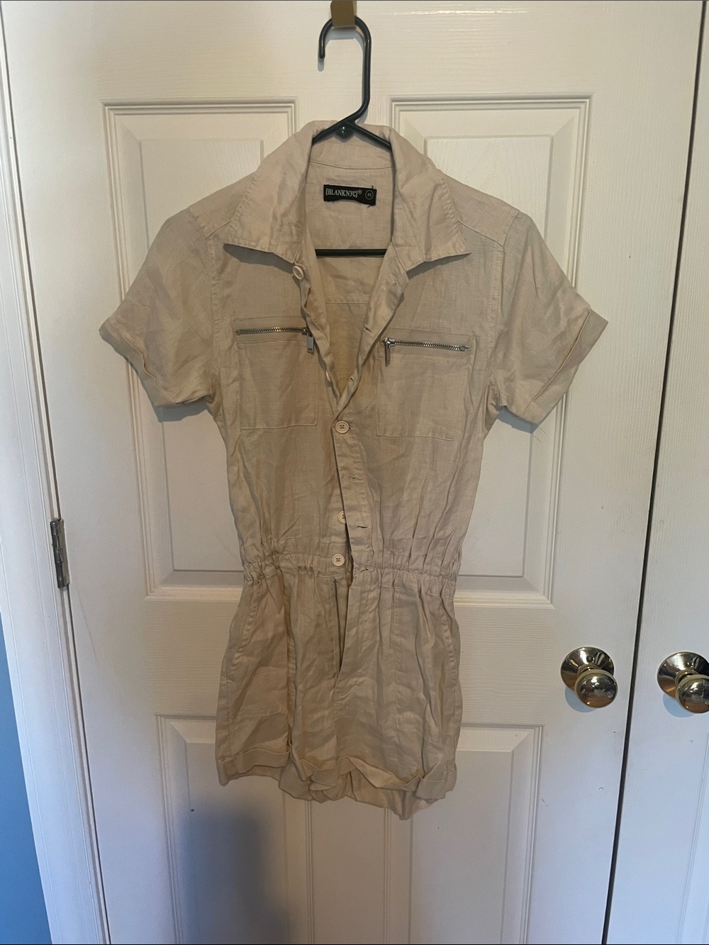 Blank NYC Tan Short-Sleeve Button Romper 100% linen size xs